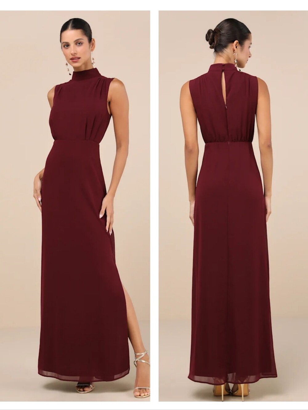 Lulus Classic Elegance Plum Chiffon Sleeveless Mock Neck Maxi Dress Size Small